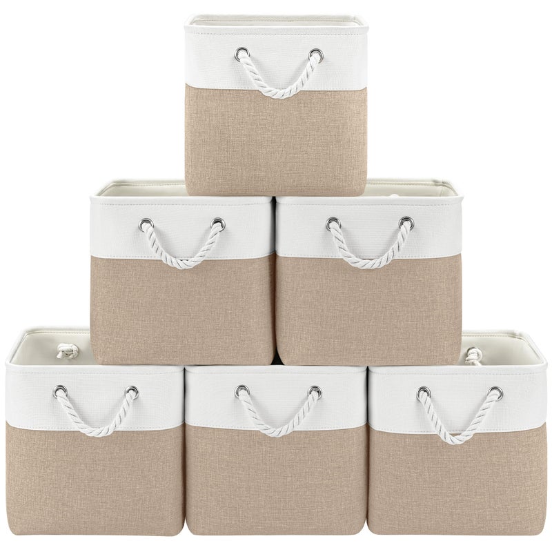Patvingot 11 Inch Cube Storage Bins 6 Pack Fabric Storage Cubes with Rope Handles Organizer Baskets for Closet Shelves Clothes and Home OrganizationWhiteKhaki - Image 2