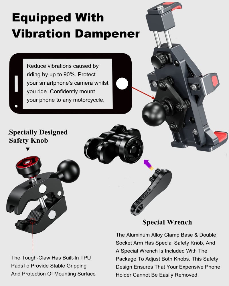 BRCOVAN حامل هاتف دراجة نارية من سبائك الألمنيوم BRCOVAN مع مخمد اهتزاز وقفل آمن عالي السرعة، حامل هاتف معدني مضاد للسرقة قابل للتعديل للدراجات النارية للدراجات السكوتر ATV UTV يناسب الهواتف من 4.7'' إلى 7.2'' - Image 5