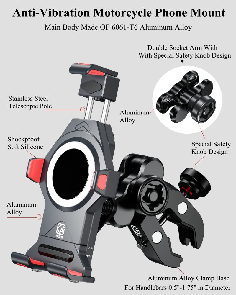 BRCOVAN حامل هاتف دراجة نارية من سبائك الألمنيوم BRCOVAN مع مخمد اهتزاز وقفل آمن عالي السرعة، حامل هاتف معدني مضاد للسرقة قابل للتعديل للدراجات النارية للدراجات السكوتر ATV UTV يناسب الهواتف من 4.7'' إلى 7.2'' - Image 4
