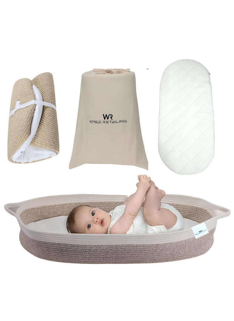 Baby Changing Basket - Moses Basket Boho Nursery Decor Cotton Rope Changing Table Topper with Thick Cotton Foam Pad and Removable Waterproof Bamboo Mattress Cover - pzsku/Z119695A14F1C6C4F41A3Z/45/_/1705323251/852aad01-afcf-498e-90f4-e5a55b009d57