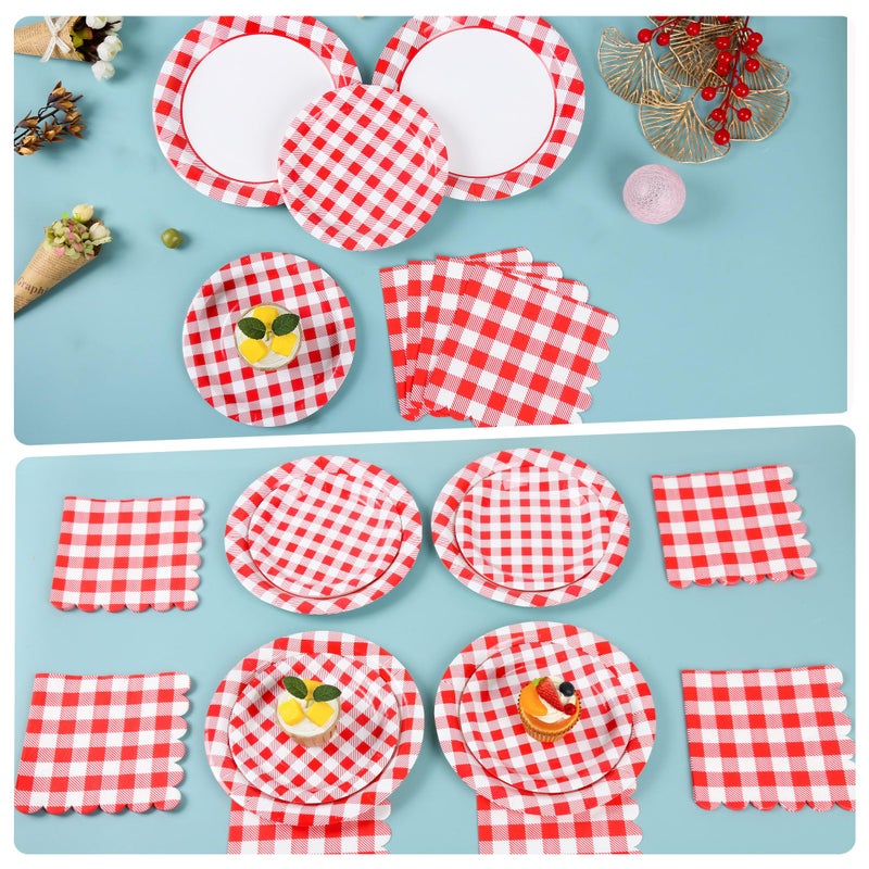 Purhapfre 175Pcs Red Gingham Party Supplies Gingham Paper Plates and Napkins Cups Plaid Party Plate Disposable Red and White Checkered Plates for Christmas Birthday Family Picnic BBQ ï¼ŒServes 25 - Image 3
