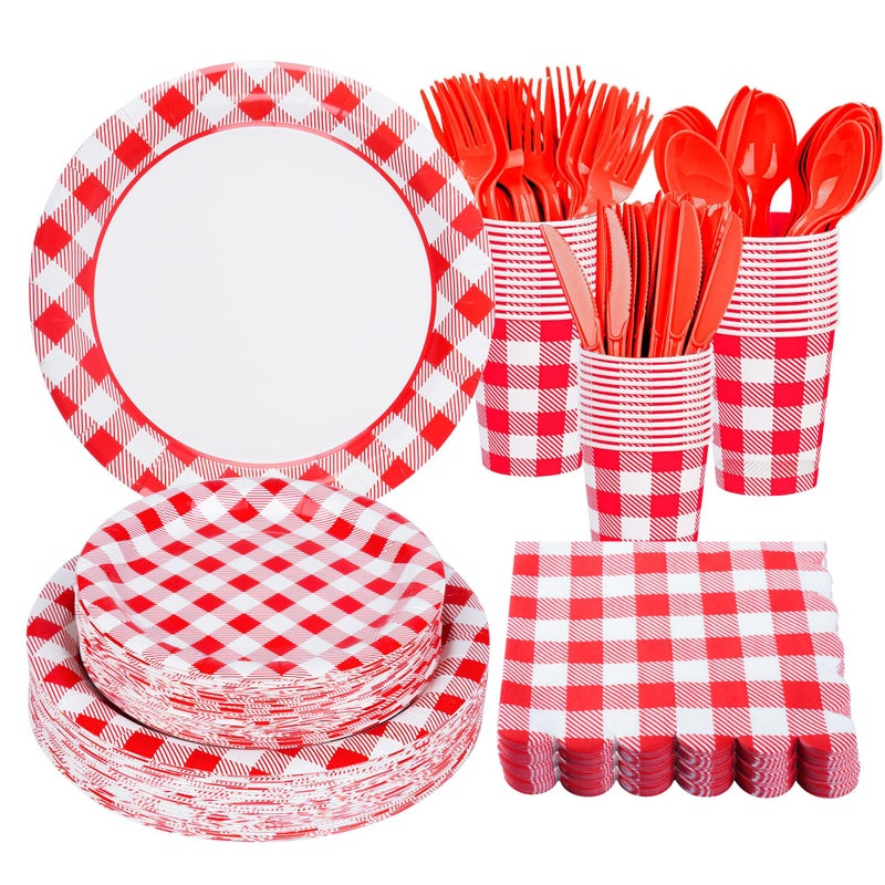 Purhapfre 175Pcs Red Gingham Party Supplies Gingham Paper Plates and Napkins Cups Plaid Party Plate Disposable Red and White Checkered Plates for Christmas Birthday Family Picnic BBQ ï¼ŒServes 25 - Image 1