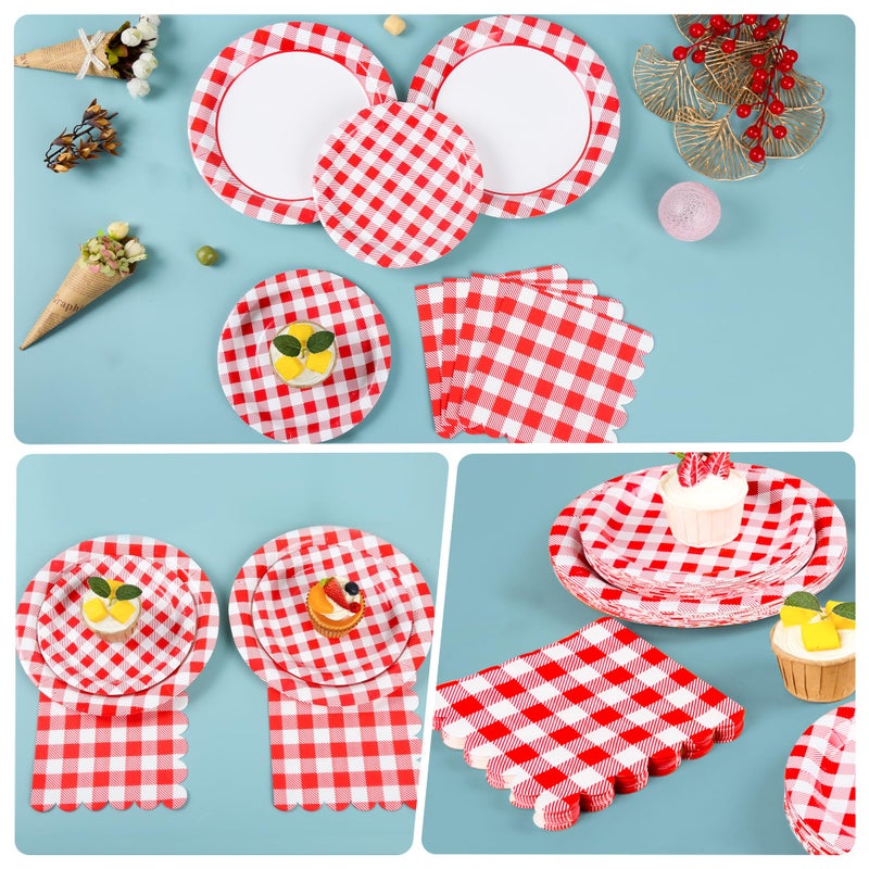Purhapfre 175Pcs Red Gingham Party Supplies Gingham Paper Plates and Napkins Cups Plaid Party Plate Disposable Red and White Checkered Plates for Christmas Birthday Family Picnic BBQ ï¼ŒServes 25 - Image 5