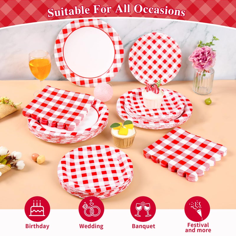 Purhapfre 175Pcs Red Gingham Party Supplies Gingham Paper Plates and Napkins Cups Plaid Party Plate Disposable Red and White Checkered Plates for Christmas Birthday Family Picnic BBQ ï¼ŒServes 25 - Image 4