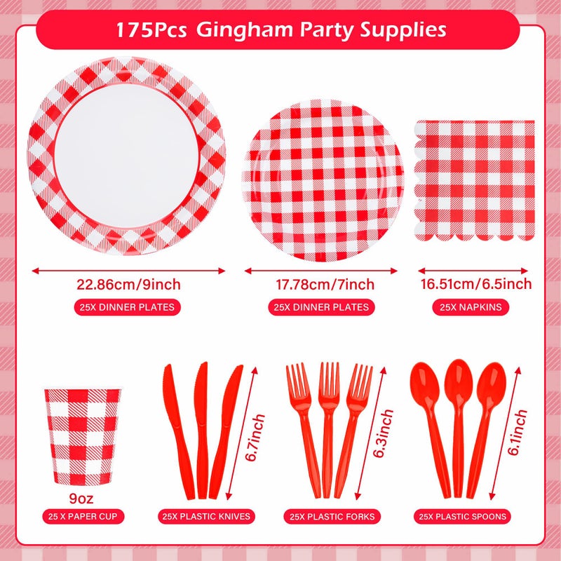 Purhapfre 175Pcs Red Gingham Party Supplies Gingham Paper Plates and Napkins Cups Plaid Party Plate Disposable Red and White Checkered Plates for Christmas Birthday Family Picnic BBQ ï¼ŒServes 25 - Image 2