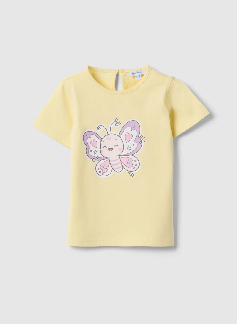 او في اس Ovs Girls' Regular Fit Yellow Cotton T-Shirt With Butterfly