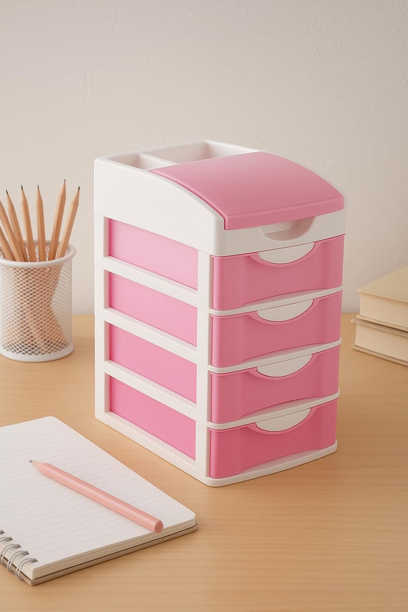 Nabhya Small Size Desktop Cosmetic & Make-up Organizers Drawer MulitPurpose Drawer Rack Organizers (Pink, 4 Layer) - Image 1