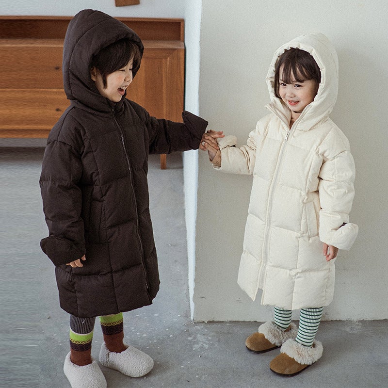 South Korea childrens clothing childrens winter 90 white duck down jacket boys and girls baby long gloves hooded down jacket D60276 Black  - Image 2
