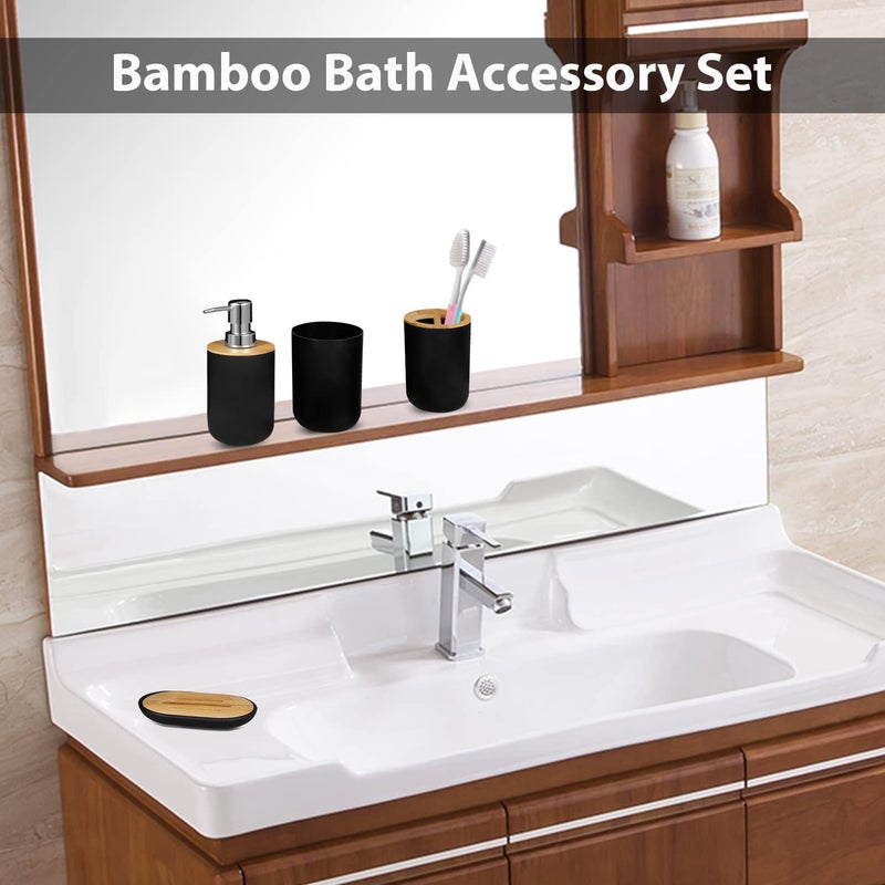 Ikaufen 6PCS Bathroom Accessories Set, Bathroom Decor, Plastic & Bamboo Bath Ensemble Kit with Lotion Dispenser, Toothbrush Holder, Toothbrush Cup, Soap Dish, Toilet Brush & Holder, Trash Can, Black - Image 2