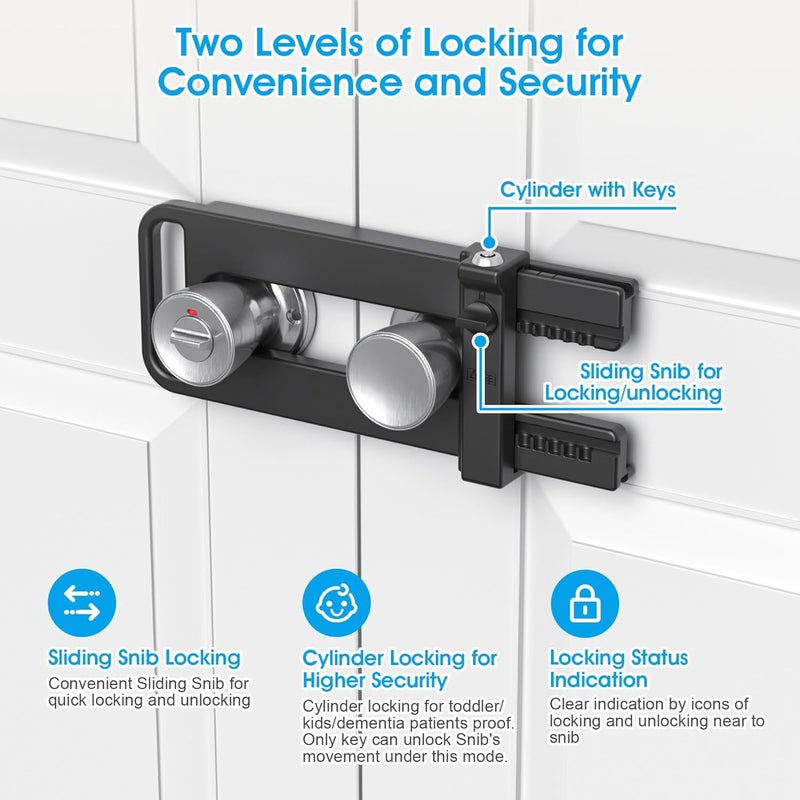 AST Double Door Security Lock, Keyed French Door Lockout Device, Reinforcement Lock for Knobs and Handle, Prevent Kick Ins, Childproof, Kids Proof Barricade (Matte Black with Keyed Alike Cylinder) - Image 3