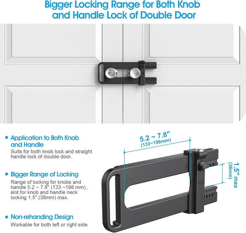 AST Double Door Security Lock, Keyed French Door Lockout Device, Reinforcement Lock for Knobs and Handle, Prevent Kick Ins, Childproof, Kids Proof Barricade (Matte Black with Keyed Alike Cylinder) - Image 2
