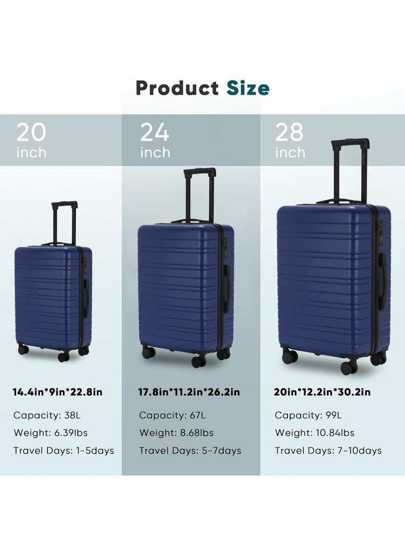 OHAHO Luggage Set 3-Piece Carry On Luggage ABS Material Hard Shell Suitcase with Wheels TSA Lock Scalable Trolley Luggage Bag 20/24/28 Inch （Blue）  - Image 2