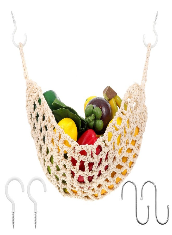 HaiFafafaing Hanging Fruit Hammock with Hooks Under Cabinet Macrame Basket for Kitchen Hand-Woven Boho Fruit Holder Net Organization Banana Basket for Home Dining Room Cabinet Decor Boat Camper Rv - Image 1