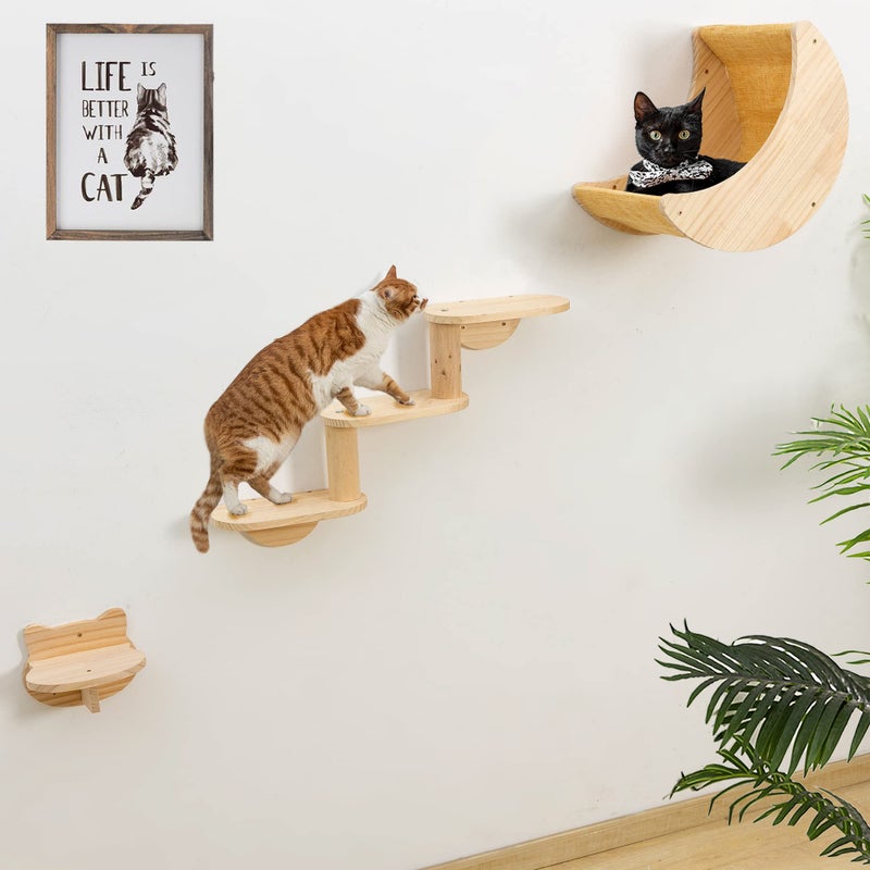 Cat Shelf for Wall Mount Hammock with 3Levels Climbing Ladder and Shelves Moon Cats Wall Furniture for Activity Indoor Kitty 3Levels Steps
