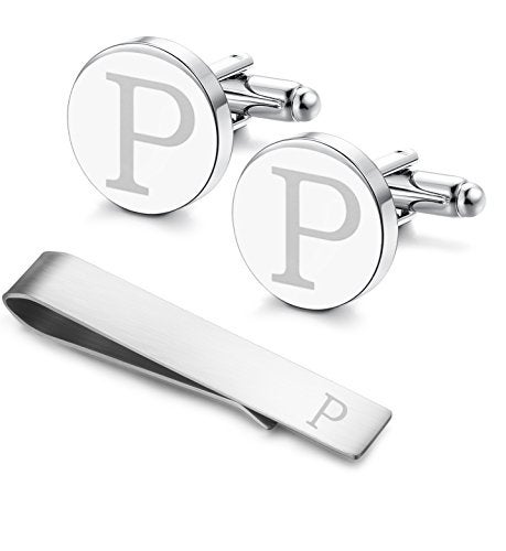 LOYALLOOK Classic Engraved Initial Cufflinks and Tie Clip Bar Set Alphabet Letter Formal Business Wedding Shirts P - Image 1