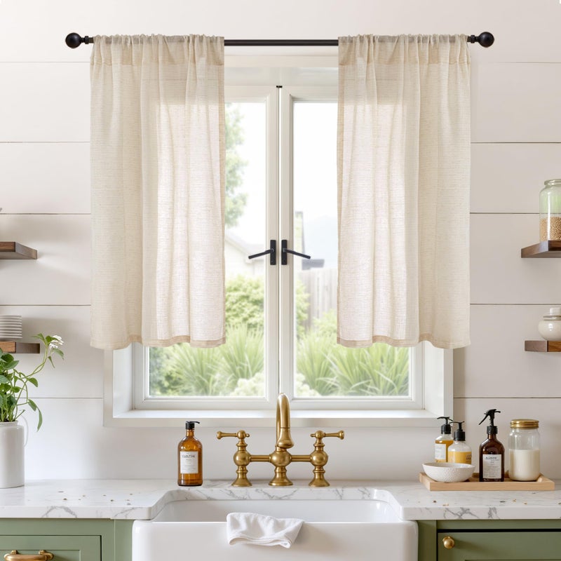 BGment Linen Natural Curtains 40 Inch Length for Short Window - Rod Pocket Small Drapes Light Filtering for Cafe Bedroom Semi Sheer Lightweight Burlap Rustic, 2 Panels Set, 30 X 40 Inch - Image 1
