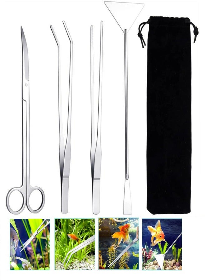 طقم أدوات أحواض السمك المائية، 4 في 1 أداة لتقليم النباتات المائية المضادة للصدأ، ملقط من الفولاذ المقاوم للصدأ، مقص ملعقة لحوض السمك، تنظيف النباتات، التشذيب - Image 1