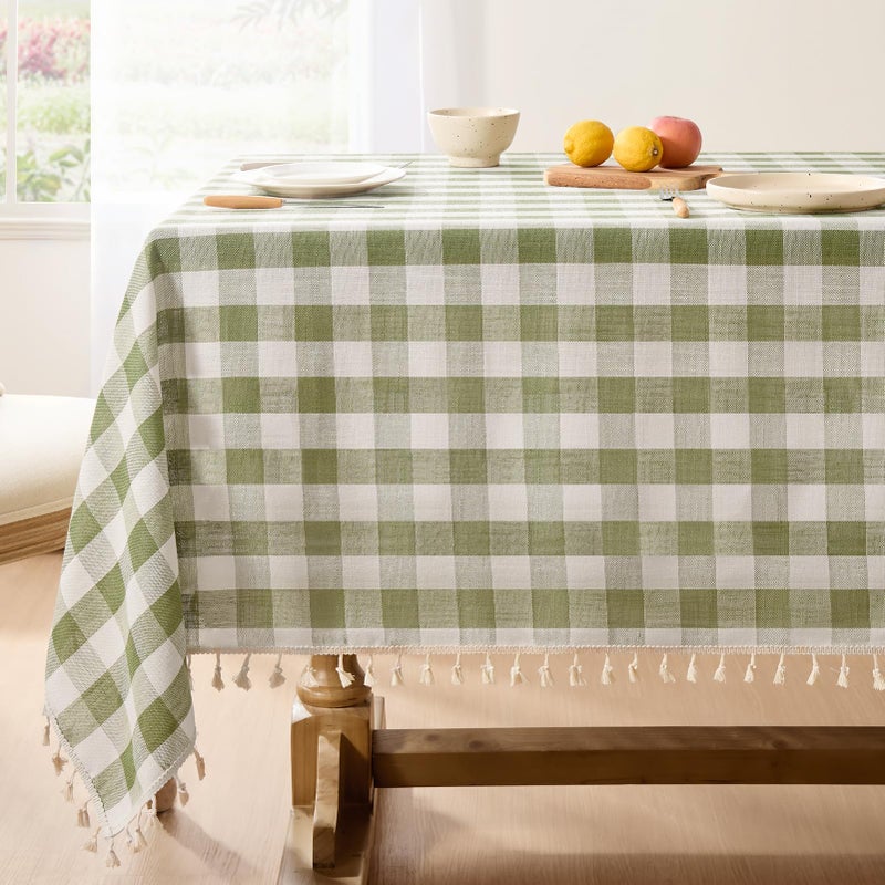 Softalker Spring Checkered Tablecloth Rectangle Outdoor Linen Cotton Gingham Table Cloth with Tassel Heavy Duty Wrinkle Free Buffalo Plaid Table Cover for Easter Dining Home 55 x 84 Inch Sage