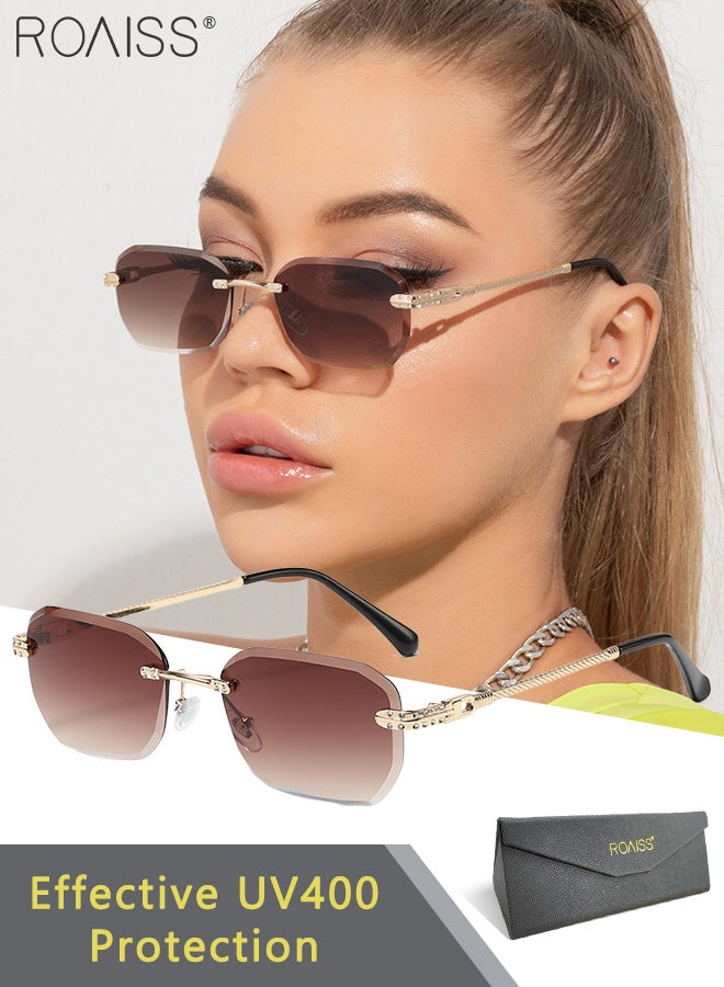 roaiss Women's Rectangular Rimless Sunglasses, UV400 Protection Sun Glasses with Metal Frame and Gradient Brown Lens, Fashion Anti-glare Sun Shades for Women with Glasses Case, 56mm - Image 1