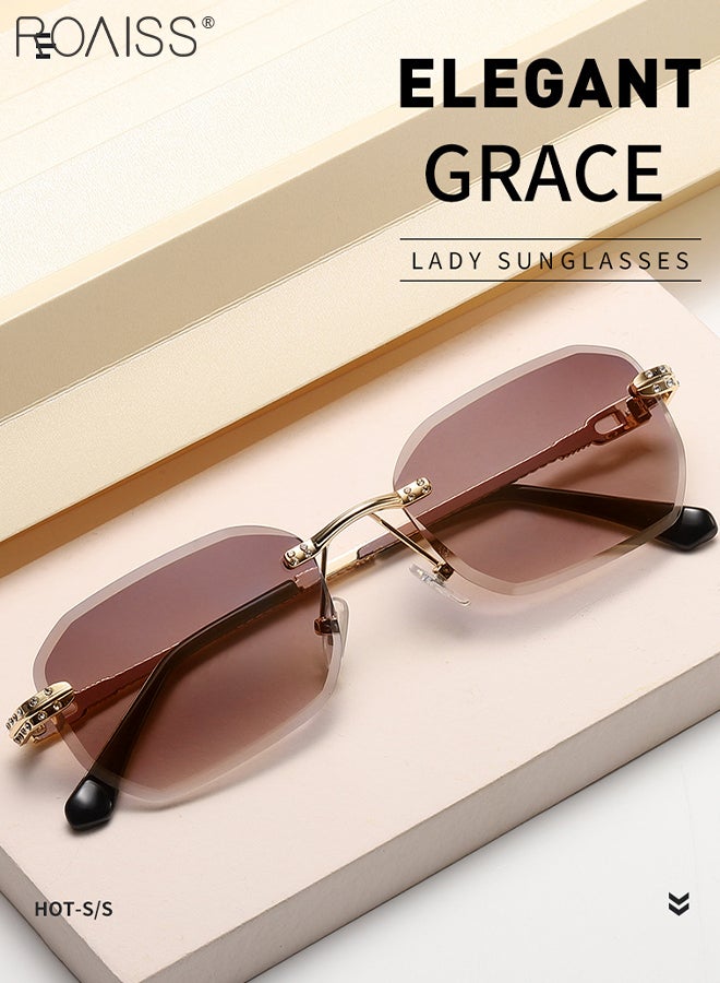 roaiss Women's Rectangular Rimless Sunglasses, UV400 Protection Sun Glasses with Metal Frame and Gradient Brown Lens, Fashion Anti-glare Sun Shades for Women with Glasses Case, 56mm - Image 2