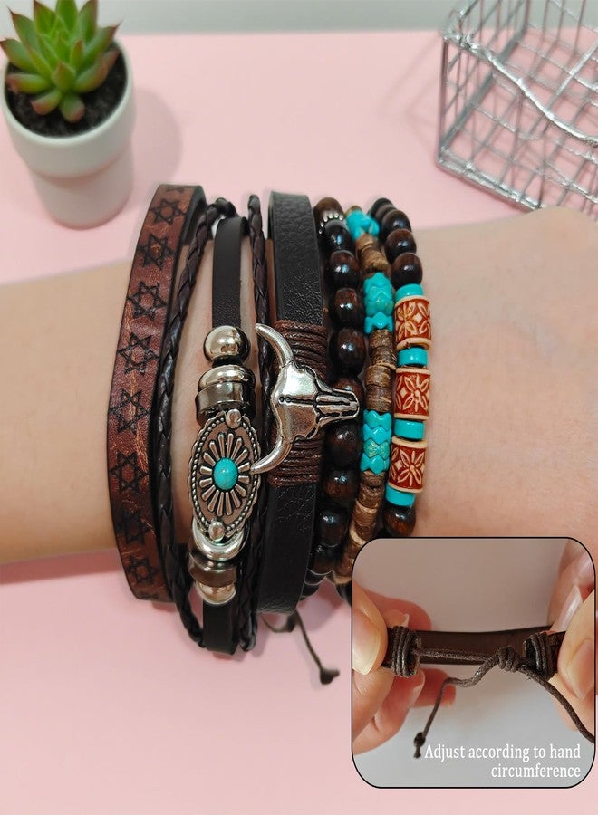 CZMZHFC Western Bracelet for Women,Bohemian Cowgirl Turquoise Beaded Stretch Bracelets,Vintage Stackable Bull Head Cowboy Boots Feather Bracelets Set,Country Ethnic Western Jewelry Accessories for Women Men (StyleB) - Image 3