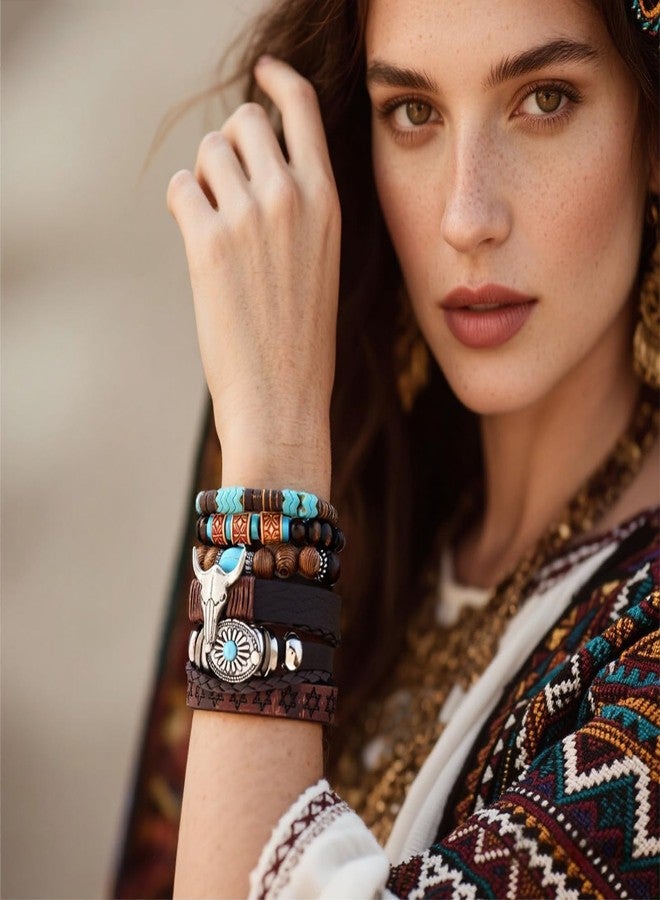CZMZHFC Western Bracelet for Women,Bohemian Cowgirl Turquoise Beaded Stretch Bracelets,Vintage Stackable Bull Head Cowboy Boots Feather Bracelets Set,Country Ethnic Western Jewelry Accessories for Women Men (StyleB) - Image 5