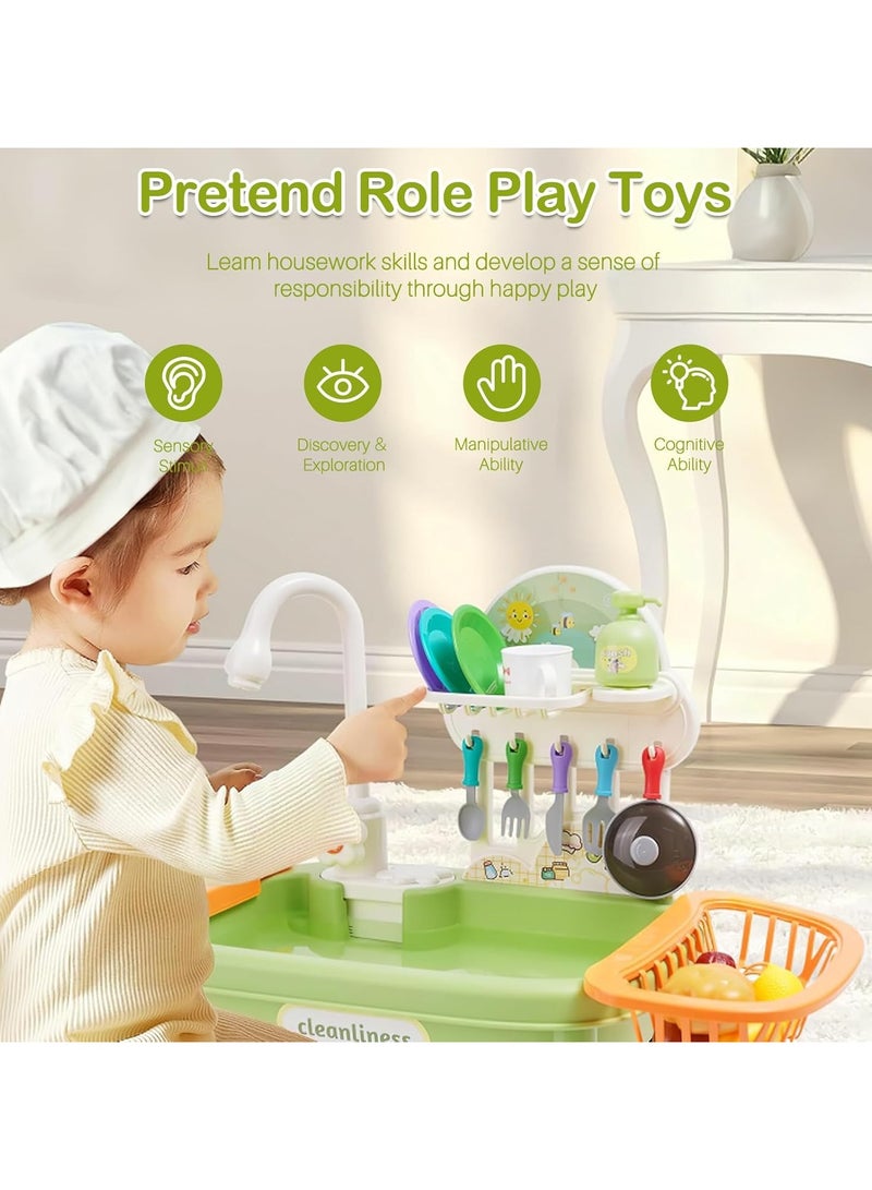 مغسلة مطبخ للأطفال مع ماء جارٍ، لعبة تمثيلية من ٣٤ قطعة مع نظام دورة مياه آلية، لعبة مطبخ للأولاد والبنات والأطفال الصغار - Image 2
