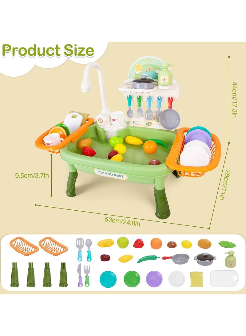 مغسلة مطبخ للأطفال مع ماء جارٍ، لعبة تمثيلية من ٣٤ قطعة مع نظام دورة مياه آلية، لعبة مطبخ للأولاد والبنات والأطفال الصغار - Image 3
