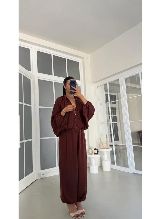 Coffee Cardigan and Harem Pants Satin Two-Piece Set GAUS-01890.