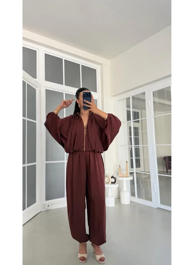 Gaus Coffee Cardigan and Harem Pants Satin Two-Piece Set GAUS-01890.