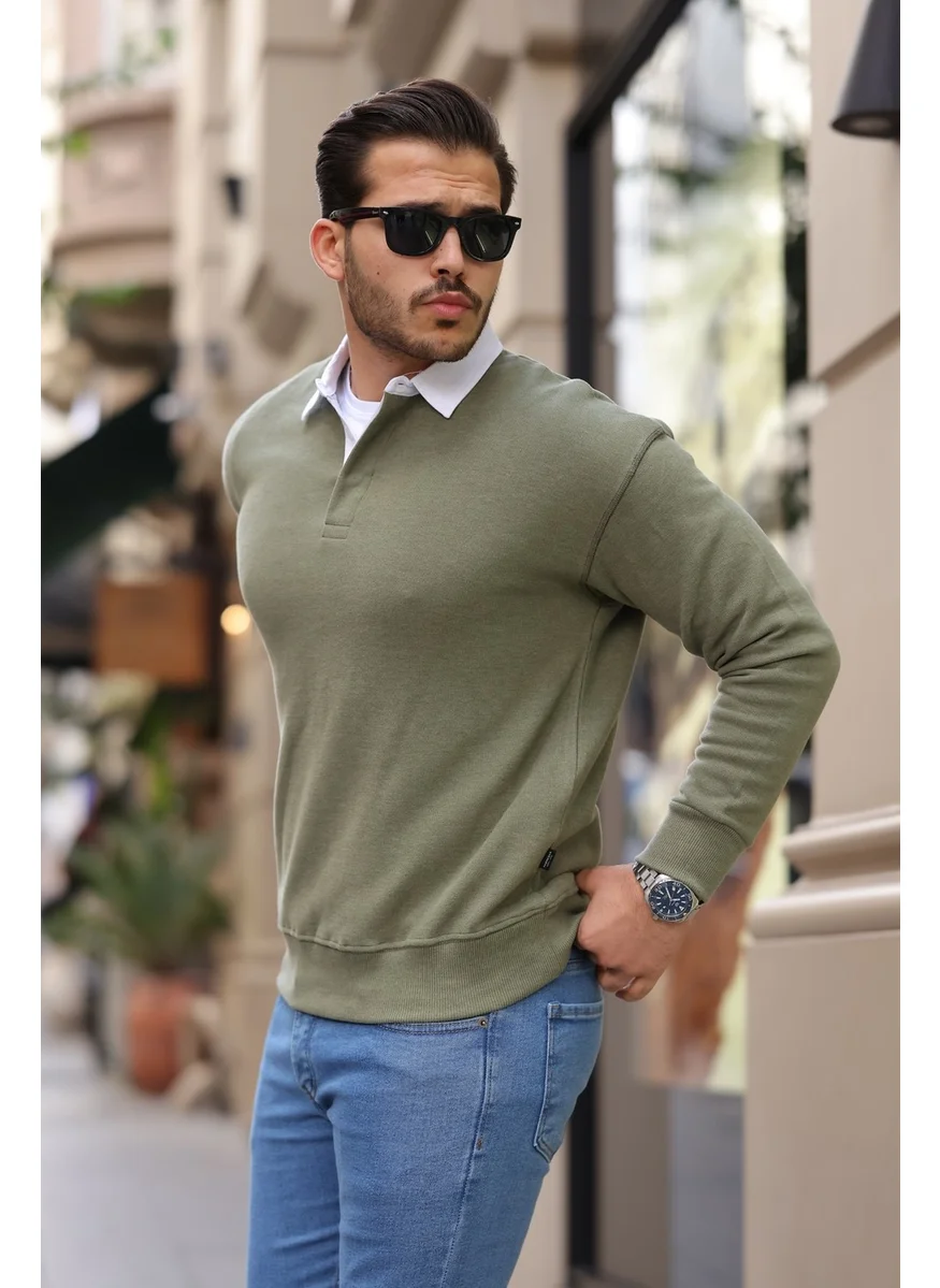 Valiberta Polo Collar Selanik Knitted Fabric Men's Sweatshirt - Light Khaki