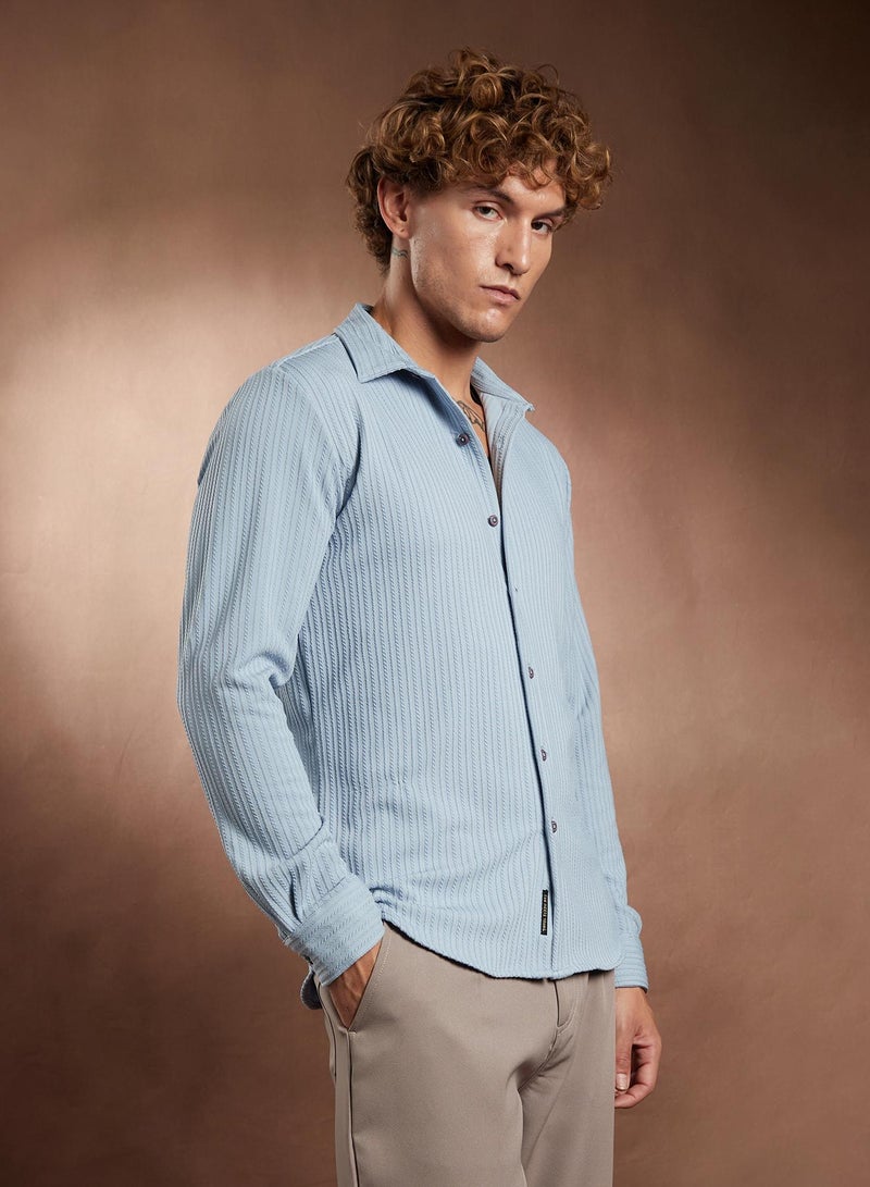 Campus Sutra Campus Sutra Men's Baby Blue Rope-Striped Tactile Shirt For Casual Wear | Spread Collar | Long Cuffed Sleeves | Button Closure | Shirt Crafted With Comfort Fit For Everyday Wear - Image 3