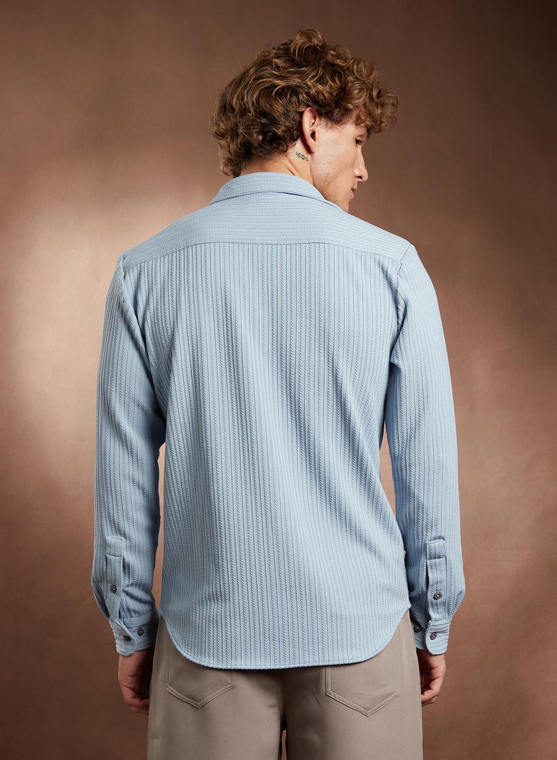 Campus Sutra Campus Sutra Men's Baby Blue Rope-Striped Tactile Shirt For Casual Wear | Spread Collar | Long Cuffed Sleeves | Button Closure | Shirt Crafted With Comfort Fit For Everyday Wear - Image 5