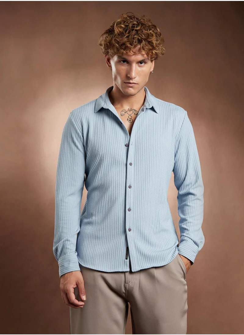 كامبوس سوترا Campus Sutra Men's Baby Blue Rope-Striped Tactile Shirt For Casual Wear | Spread Collar | Long Cuffed Sleeves | Button Closure | Shirt Crafted With Comfort Fit For Everyday Wear