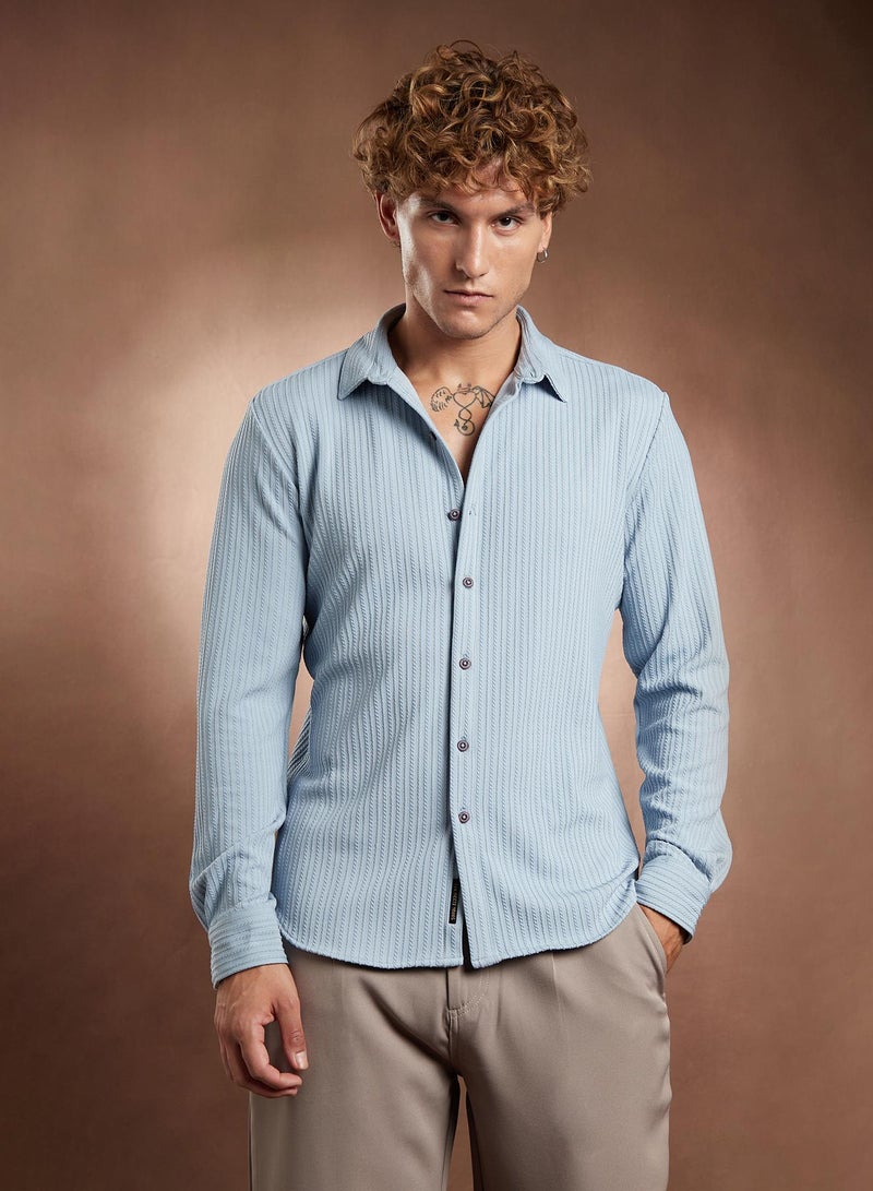 Campus Sutra Campus Sutra Men's Baby Blue Rope-Striped Tactile Shirt For Casual Wear | Spread Collar | Long Cuffed Sleeves | Button Closure | Shirt Crafted With Comfort Fit For Everyday Wear - Image 2