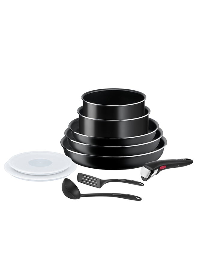 تيفال طقم ط cooking تفال إينجينيو إيزاي أون 10 قطع أواني طبخ قابلة للتكديس مع مقبض قابل للإزالة طلاء غير لاصق مؤشر حرارة قاعدة توزيع طهي صحي أدوات طبخ آمنة مصنوعة في فرنسا أسود 16/18 سم - Image 1
