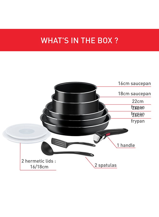 تيفال طقم ط cooking تفال إينجينيو إيزاي أون 10 قطع أواني طبخ قابلة للتكديس مع مقبض قابل للإزالة طلاء غير لاصق مؤشر حرارة قاعدة توزيع طهي صحي أدوات طبخ آمنة مصنوعة في فرنسا أسود 16/18 سم - Image 5