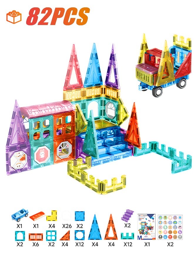 82pcs Magnetic Building Blocks, Colorful Magnetic Building Tiles With Cartoon Stickers, Suitable For STEM Education, Building 3D Structures - Image 1