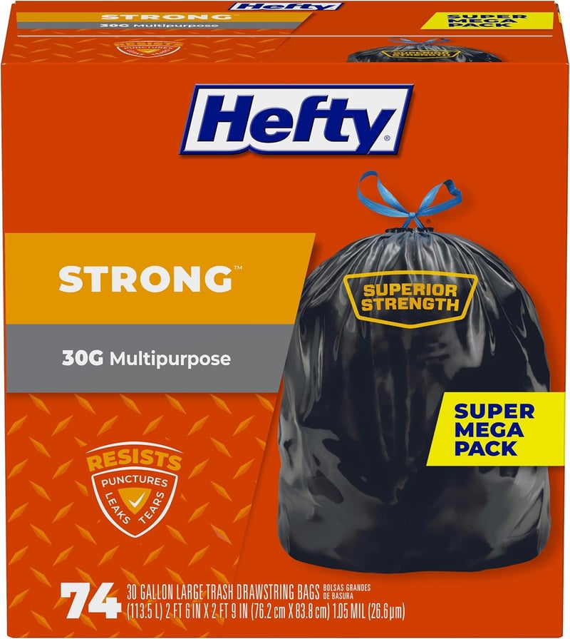 Hefty Strong Large Trash Bags Black 30 Gallon 74 Count