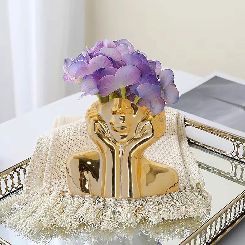 BDLBDL Flower Vase for Decor Gold Ceramic Face Vase for Flowers  Head Vase  Female Form Head Bust Vases  Modern Minimalism Vase for Home Decor Living Room Office Table Desk Decoration (W 6"" x H 5"") - Image 5