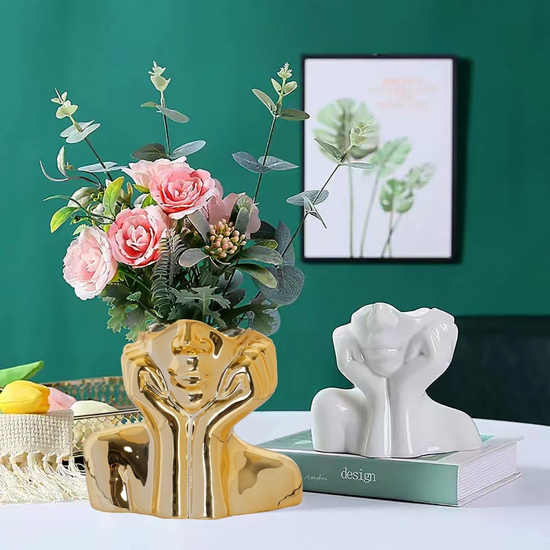 BDLBDL Flower Vase for Decor Gold Ceramic Face Vase for Flowers  Head Vase  Female Form Head Bust Vases  Modern Minimalism Vase for Home Decor Living Room Office Table Desk Decoration (W 6"" x H 5"") - Image 4