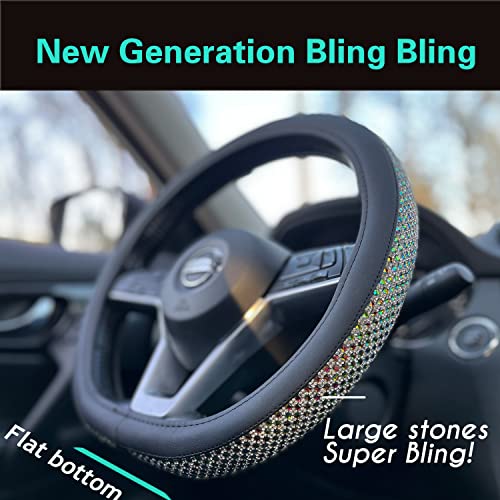 PINCTROT D Shaped Bling Comfy Steering Wheel Cover with Jumbo Crystal Rhinestones, Anti-Slip Diamond Leather, Flat Bottom 14.5-15 Inch (Colorful) - Image 2
