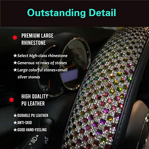 PINCTROT D Shaped Bling Comfy Steering Wheel Cover with Jumbo Crystal Rhinestones, Anti-Slip Diamond Leather, Flat Bottom 14.5-15 Inch (Colorful) - Image 3