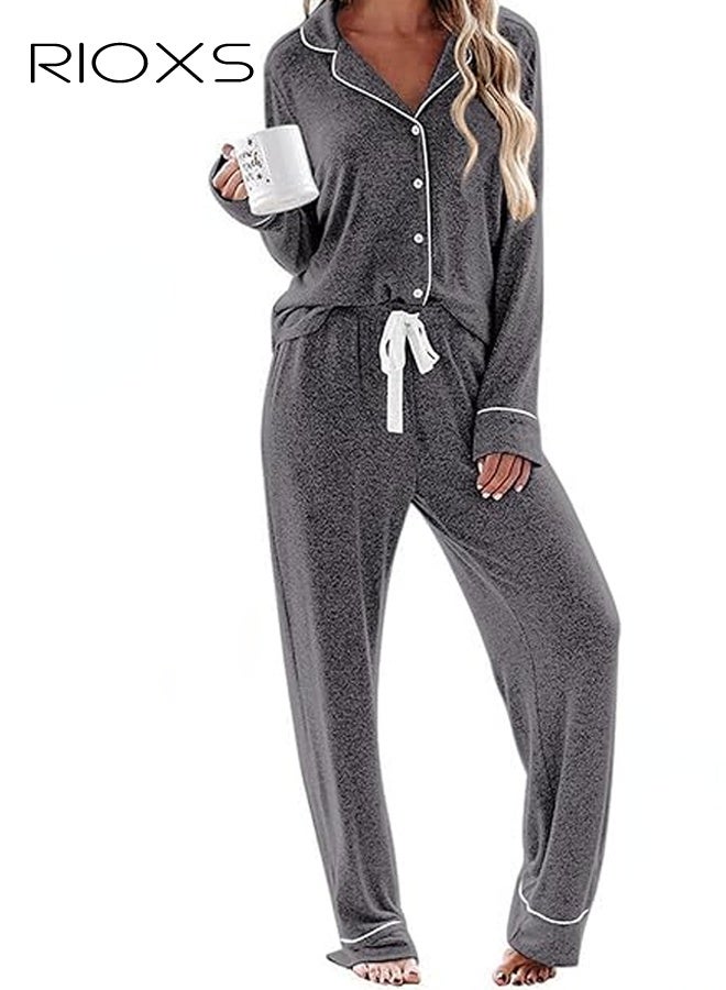ريوكس طقم بيجامة رمادي للنساء، ملابس نوم بياقة من قطعتين، بيجامة بأكمام طويلة وأزرار وجيوب، طقم ملابس منزلية ناعمة مع حواف بيضاء ورباط خصر، ملابس نوم مريحة للنساء - Image 1