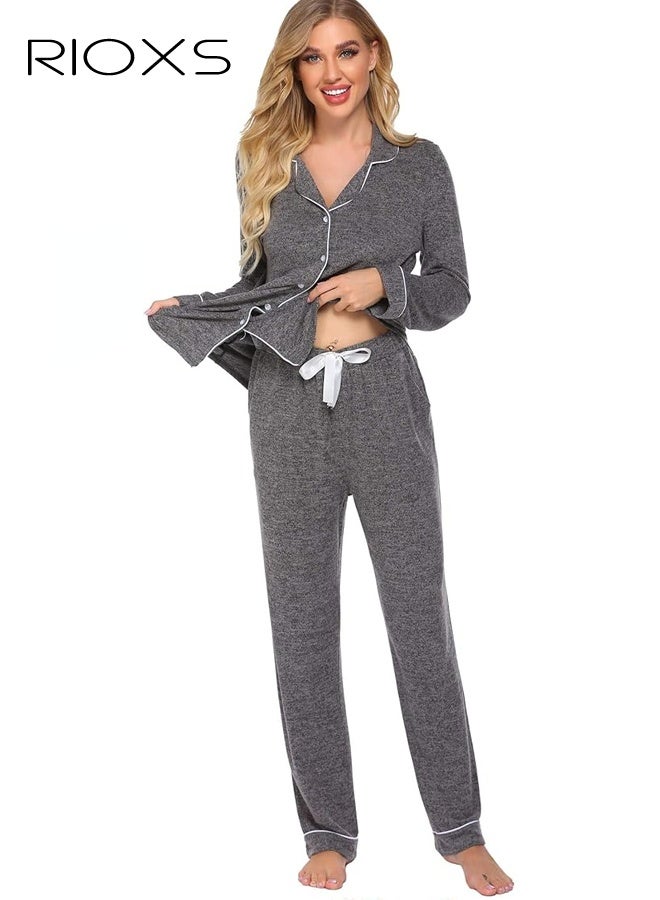 ريوكس طقم بيجامة رمادي للنساء، ملابس نوم بياقة من قطعتين، بيجامة بأكمام طويلة وأزرار وجيوب، طقم ملابس منزلية ناعمة مع حواف بيضاء ورباط خصر، ملابس نوم مريحة للنساء - Image 3