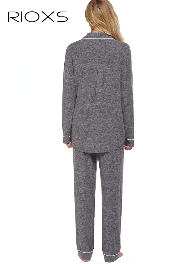 ريوكس طقم بيجامة رمادي للنساء، ملابس نوم بياقة من قطعتين، بيجامة بأكمام طويلة وأزرار وجيوب، طقم ملابس منزلية ناعمة مع حواف بيضاء ورباط خصر، ملابس نوم مريحة للنساء - Image 2
