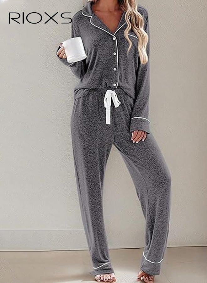 ريوكس طقم بيجامة رمادي للنساء، ملابس نوم بياقة من قطعتين، بيجامة بأكمام طويلة وأزرار وجيوب، طقم ملابس منزلية ناعمة مع حواف بيضاء ورباط خصر، ملابس نوم مريحة للنساء - Image 4