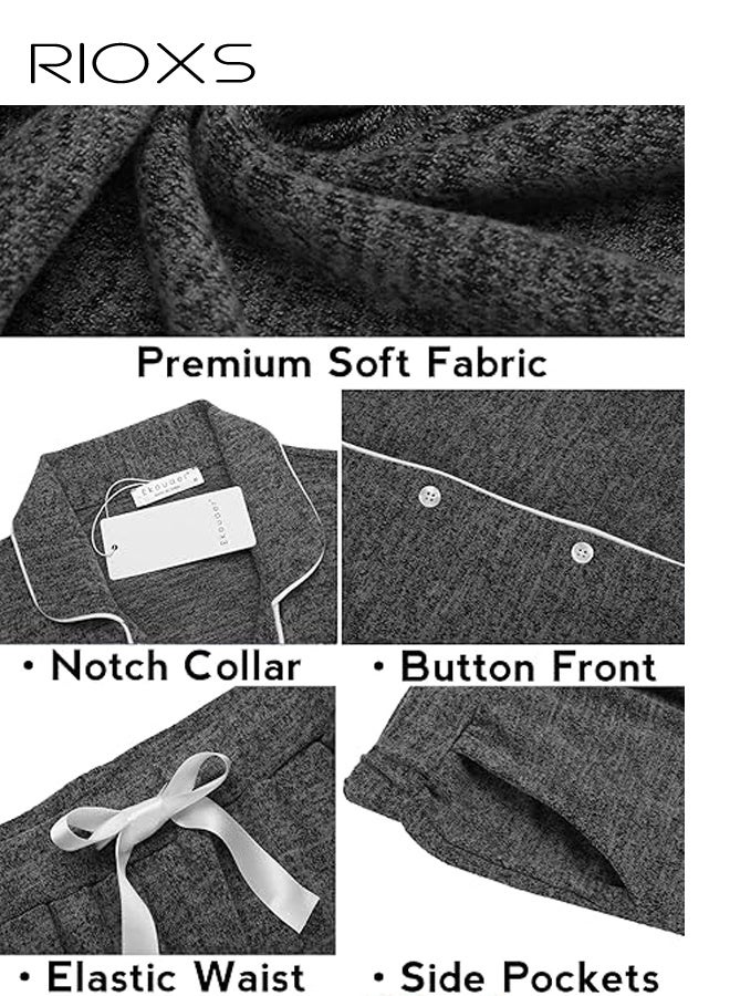 ريوكس طقم بيجامة رمادي للنساء، ملابس نوم بياقة من قطعتين، بيجامة بأكمام طويلة وأزرار وجيوب، طقم ملابس منزلية ناعمة مع حواف بيضاء ورباط خصر، ملابس نوم مريحة للنساء - Image 5