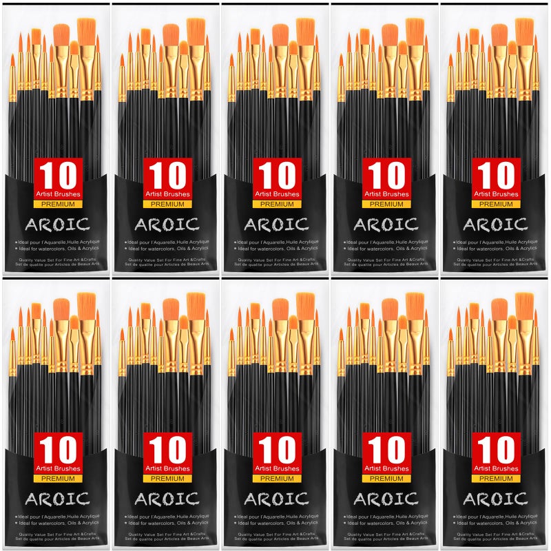 AROIC Paint Brush Set 10 Pack 100 Pcs Acrylic Paint Brushes Artist Paint Brushes for Oil Watercolor Acrylic Face Rock PaintingBlack