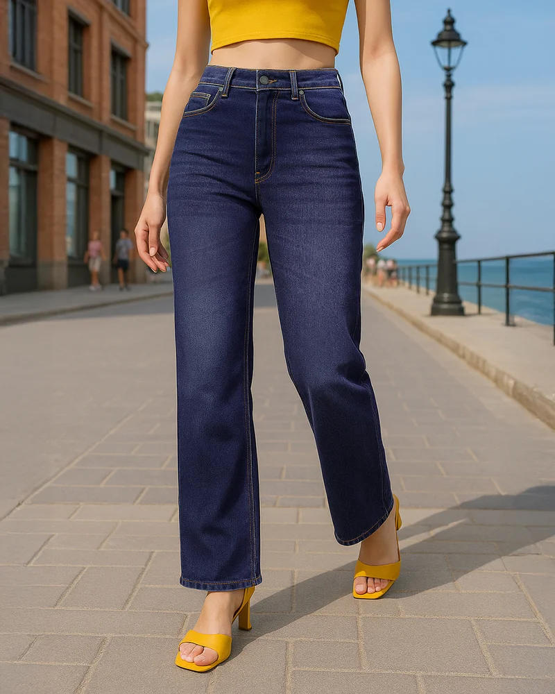 بيواكوف جينز نسائي أزرق داكن واسع بقصة مستقيمة